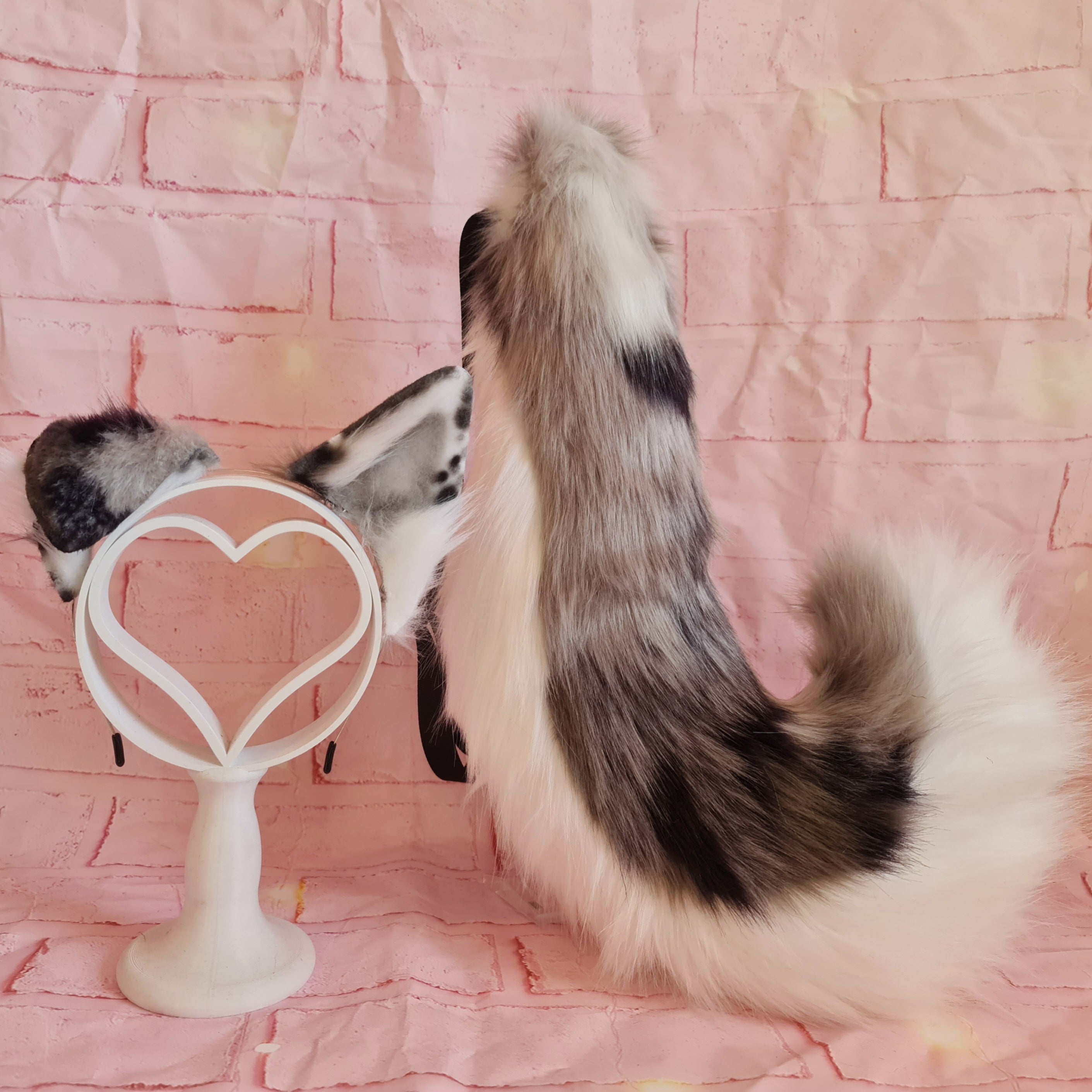grey and black and white puppy tail and ears set costume cosplay puppy play pet play kemonomimi handmade in scotland UK