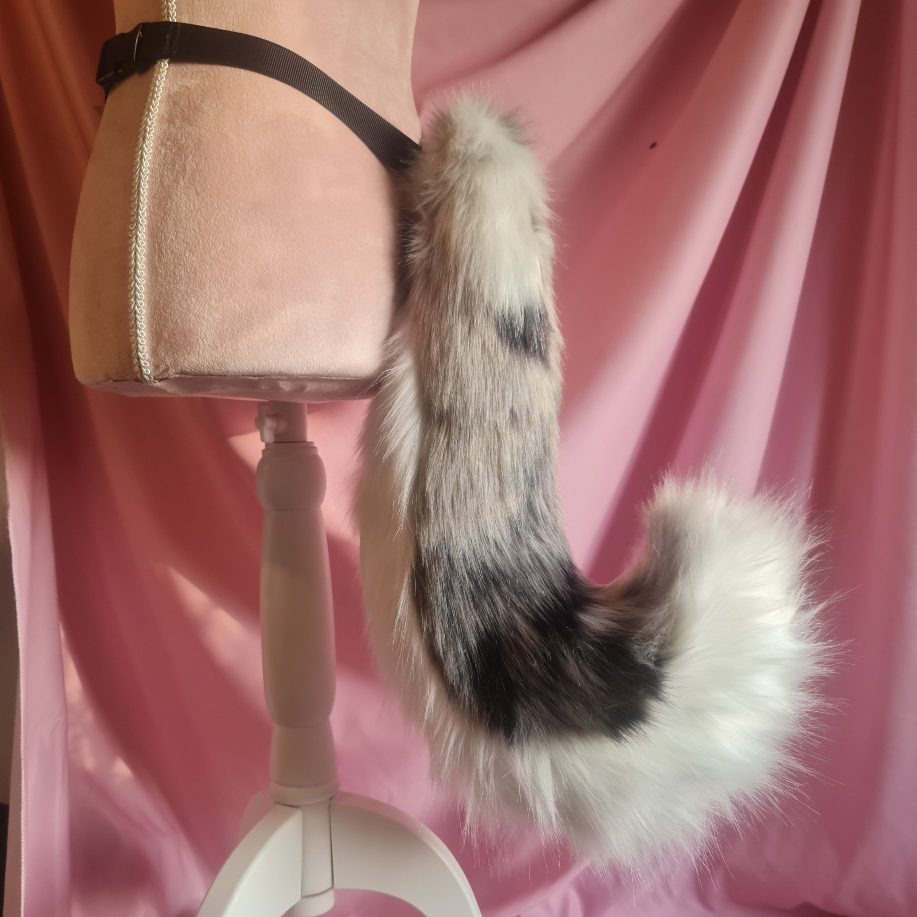 grey puppy tail with white and black. curled puppy tail for cosplay and costume