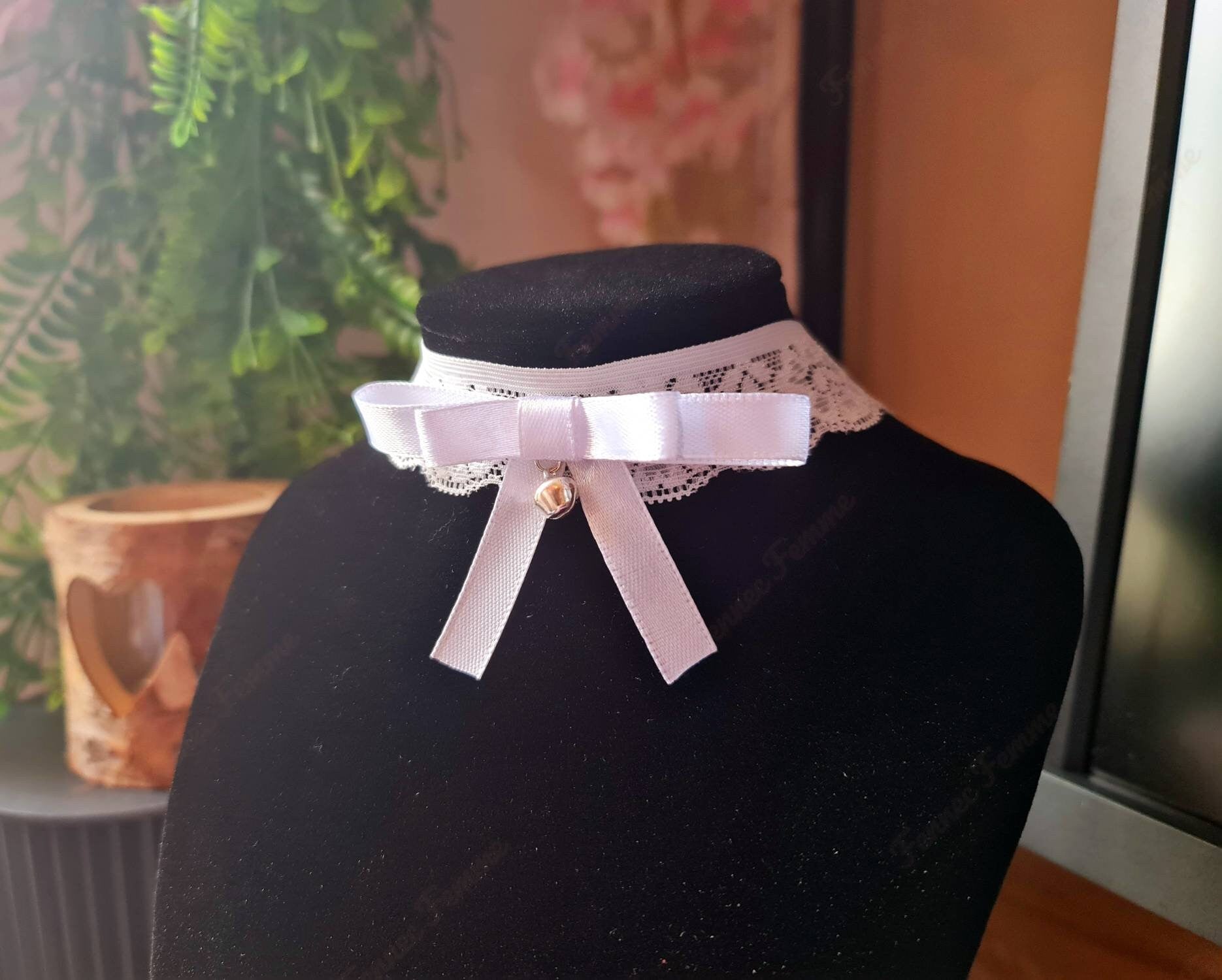 White Lace and Ribbon Choker with Bell