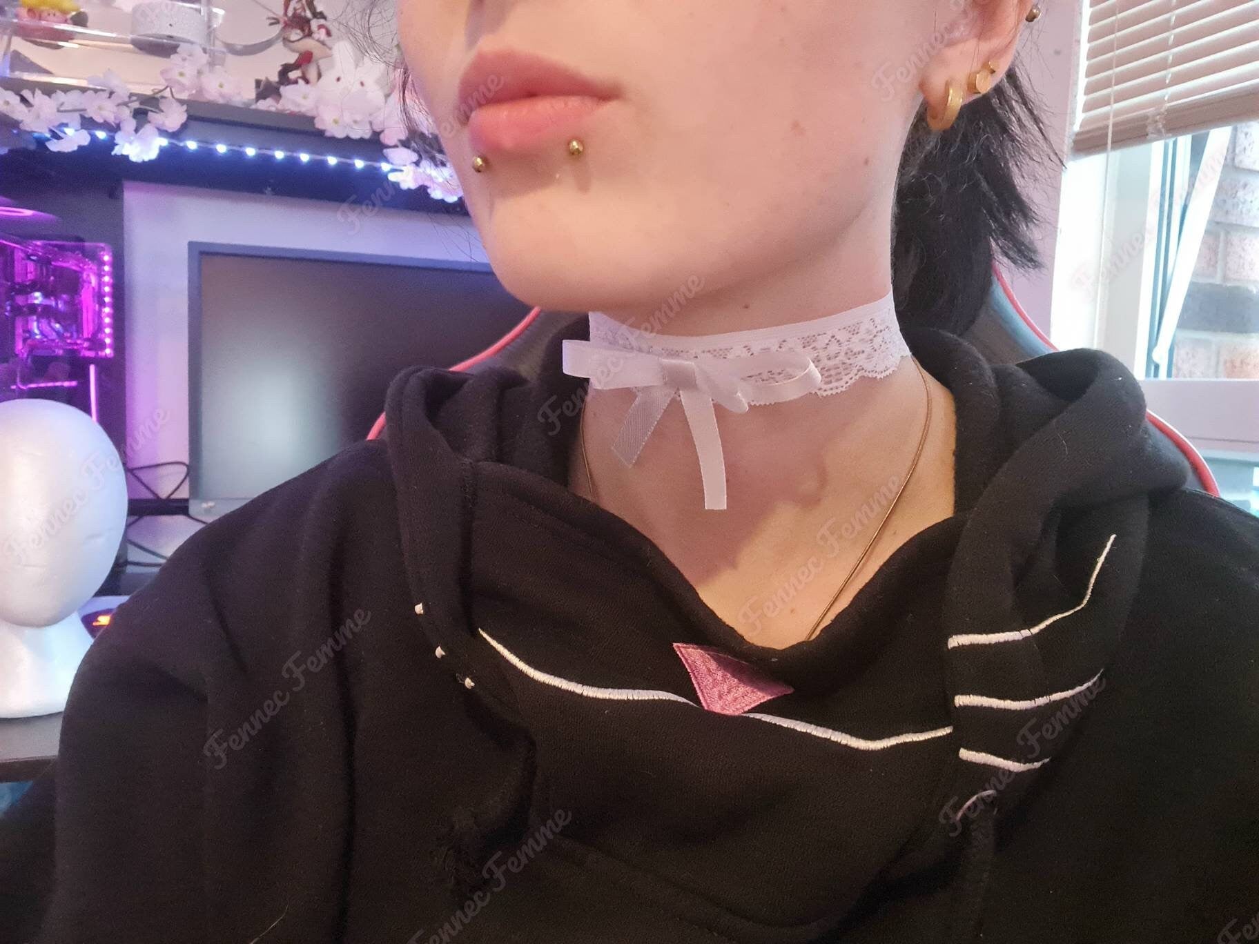 White Lace and Ribbon Choker with Bell