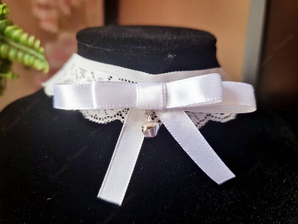 White Lace and Ribbon Choker with Bell