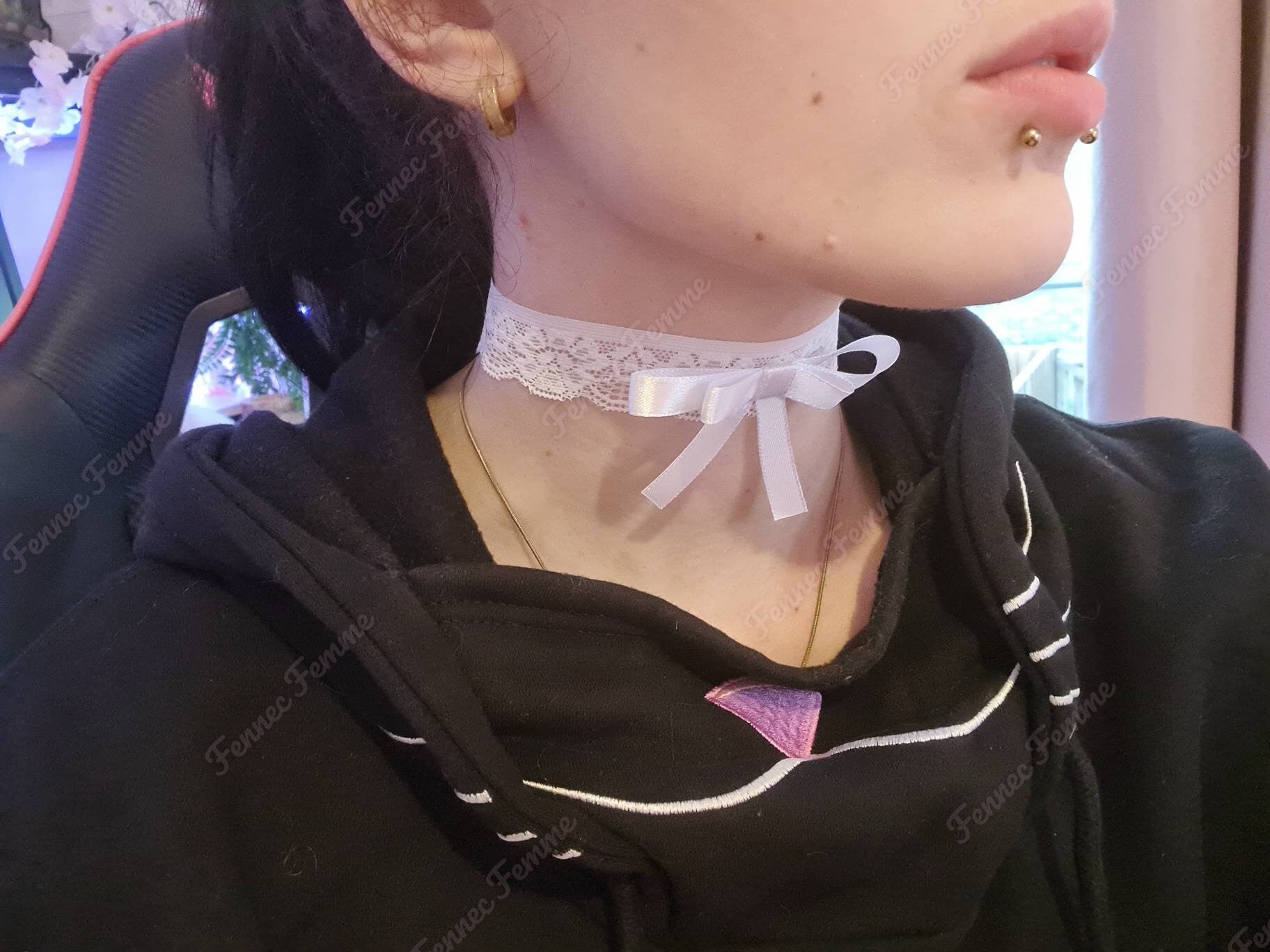 White Lace and Ribbon Choker with Bell